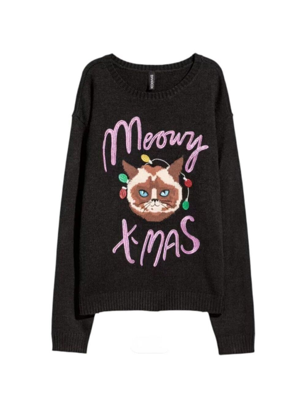 H&M Novelty Embroidered  "Meowy X-Mas" Black Knit Sweater womens sz Medium